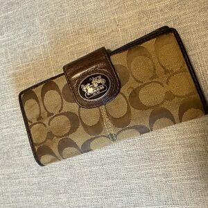 Coach Signature Canvas Checkbook Wallet Brown Leather Trim Snap Closure